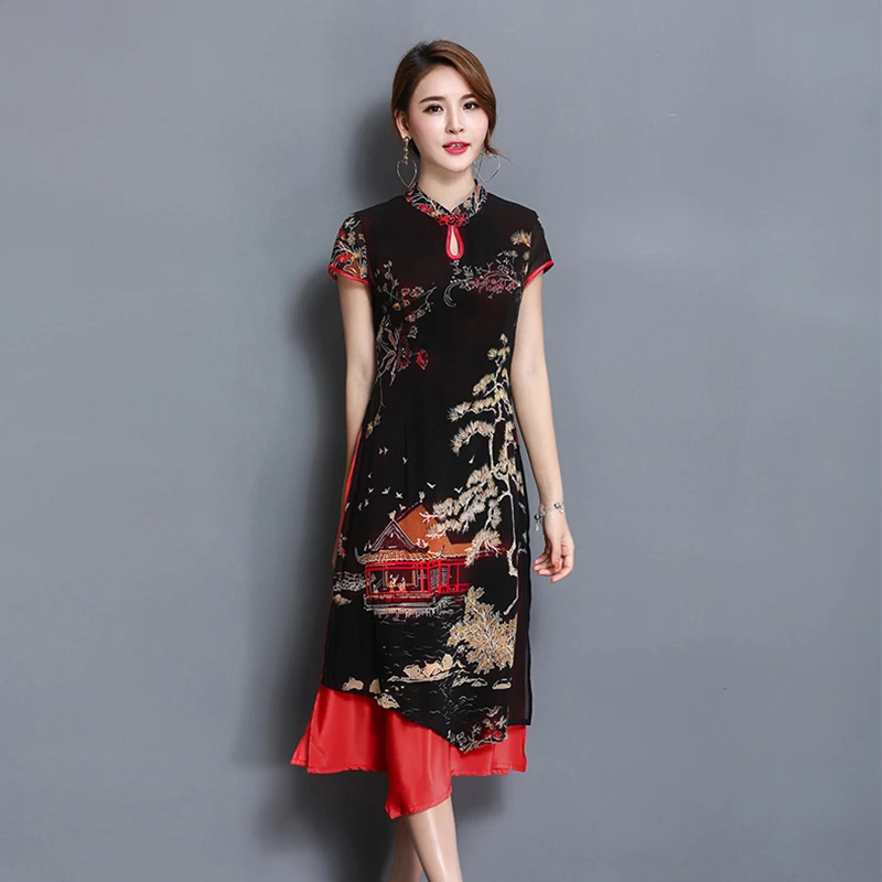 Sarikily китайский Стиль платье Qipao летние шорты рукавом Cheongsam Зеленый Красный