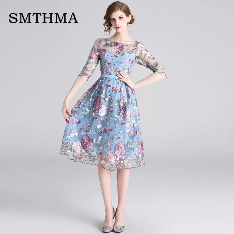 Женское сетчатое платье SMTHMA, голубые платья с вышивкой, платье с рукавом до локтя, лето - Цвет: Photo Color