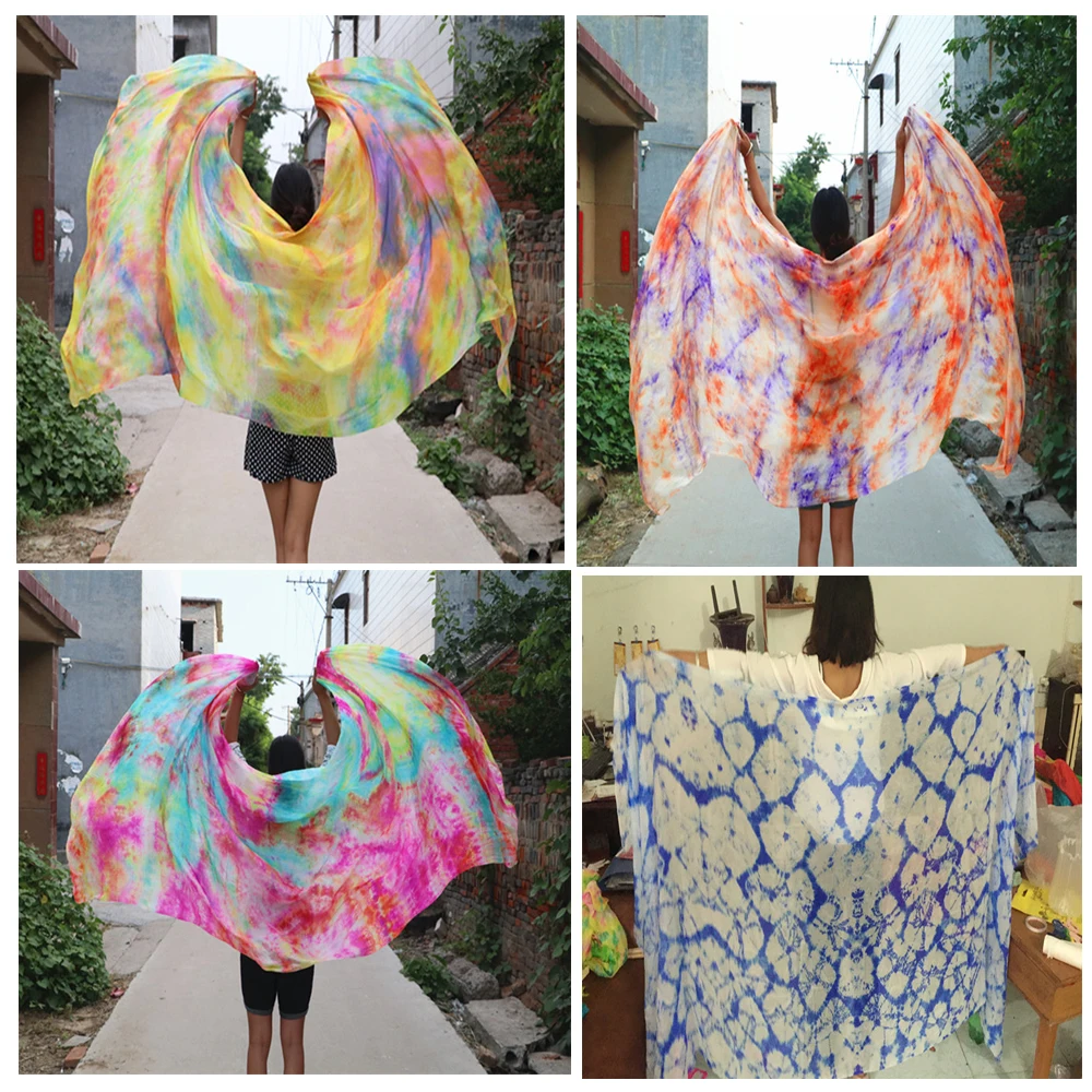 

New tie-dye belly dance 100% real Silk Veils nice Gradient color Silk Hand Scarfs for Dancing Stage Performance 2.5x1.14M size