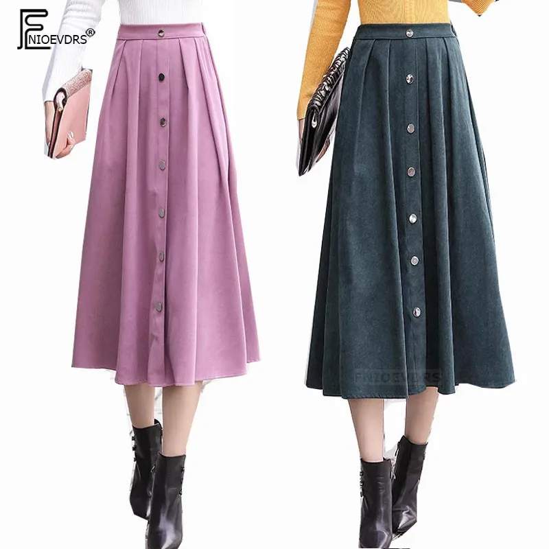 

Cute Sweet Button Skirts Women Fashion High Waist Elastic Pink Green Preppy Style Design Office Lady Autumn Winter Long Skirts