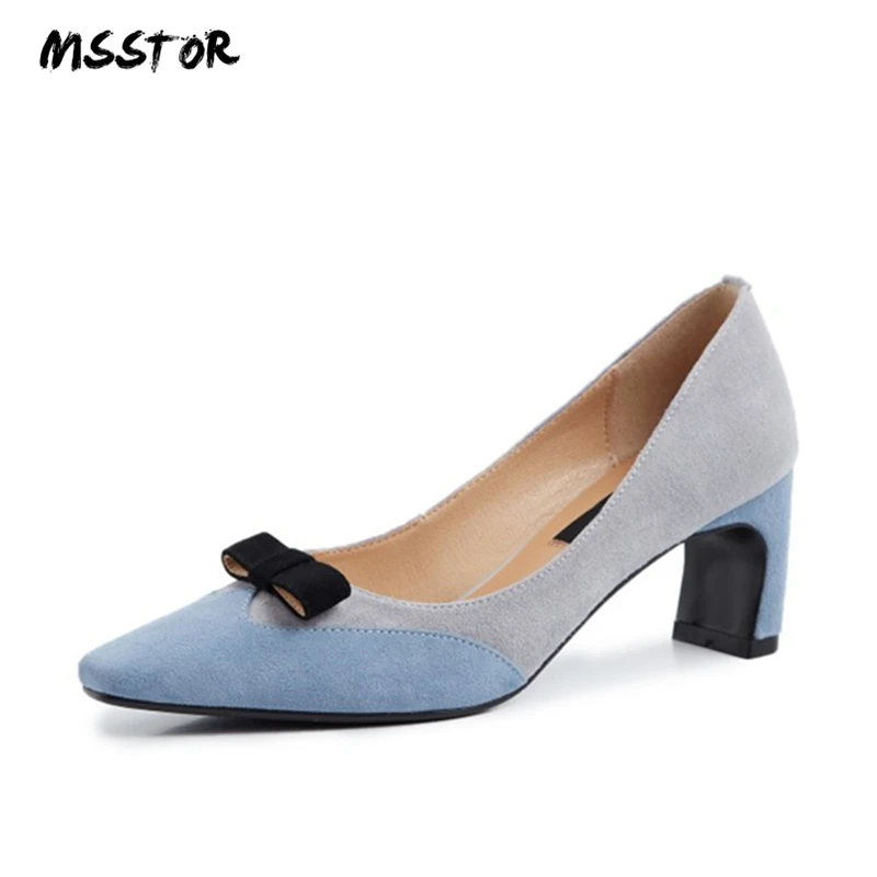 

MSSTOR Kid Suede Ladies Heels Butterfly-knot Fashion Elegant Autumn Spring Square Toe High Heels Women Mixed Colors Women Pumps