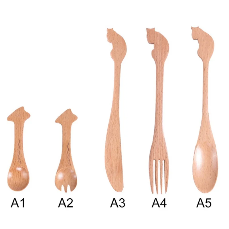 Портативная деревянная посуда, вилка, чайная ложка, чашка, набор столовых приборов, мультяшный рисунок, набор столовых приборов, чехол, набор столовых приборов для дома, кемпинга