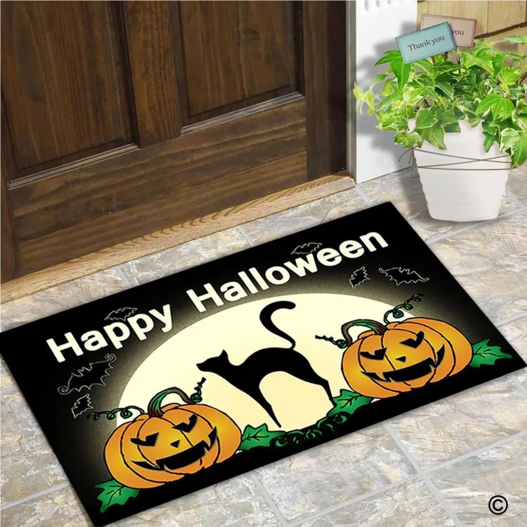 Entrance Door Mat Funny Doormat Happy Halloween Cat And Pumpkin Moon