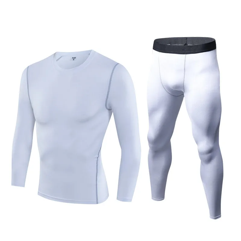 Мужской спортивный комплект, компрессионная одежда для бега, Спортивная футболка с длинным рукавом/Леггинсы для фитнеса, бодибилдинга, трико, одежда, спортивный костюм - Цвет: Белый