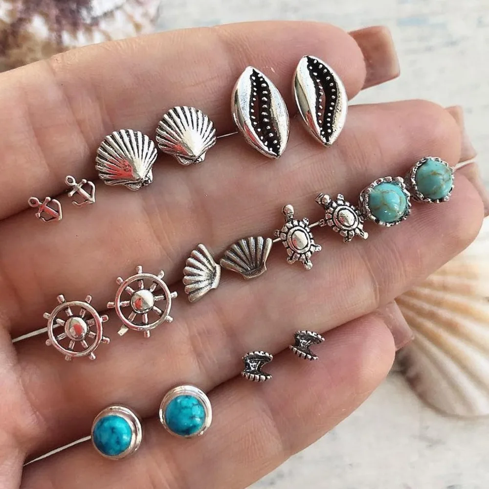 16 Styles Boho Shell Turtle Anchor Small Stud Earrings Set For Women Punk Mix Design Geometric Stone Animal Ear Aros Jewelry