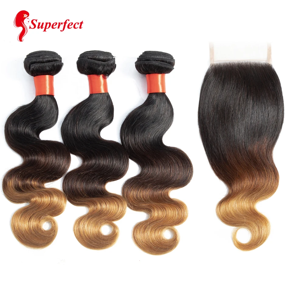 

Superfect Ombre Bundles with Closure 1B/4/27# Brazilian Body Wave Blonde Human Hair Remy 3 Bundles With Lace Closure