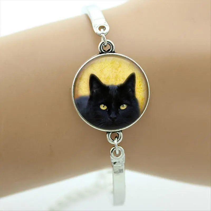 

Black Charm Bracelet gothic cat picture charm art gift for friend family halloween glass jewelry bangle&bracelet