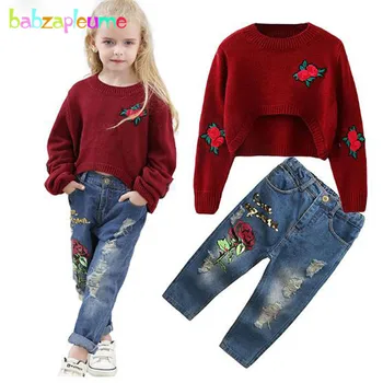 

Baby 2019 Spring Fall Long Sleeve Knit Tops+Hole Flower Kids Jeans Children Clothing Two Piece Sets Toddler Girls Clothes BC1340