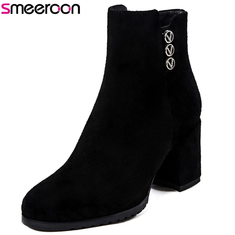 

Smeeroon 2018 new ankle boots for women autumn winter boots zip kid suede leather boots round toe high heels party shoes