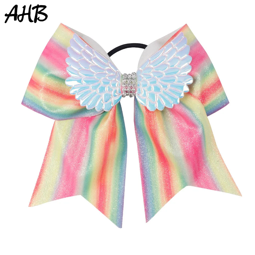 

AHB 7" Large Rainbow Glitter Cheer Bow with Hair Elastic Band Wing Rhinestone Cheerleading Girl Ponytail Holder Hair Accessories