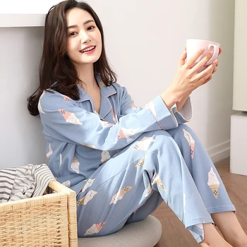 

Plus Size 3XL Cotton Pajama Sets for Women Spring Autumn Long Sleeve Pyjama Cute Cartoon Print Sleepwear Pijamas Mujer Homewear