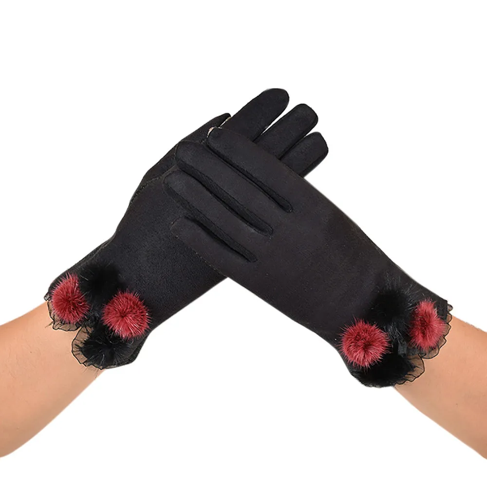 Women Warm Winter Glove Soft Faux Suede Thick Mitten Full Finger Glovees Lovely Plush Ball Lace Mittens Guantes Mujer@py