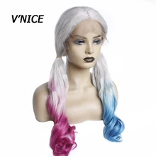 V'NICE Щепка серый смешанный красный синий синтетический парик фронта шнурка Длинные тела волна Жаростойкие волнистые волосы для женщин клоун для косплея девушка