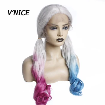 

V'NICE Sliver Grey Mixed Red Blue Synthetic Lace Front Wig Long Body Wave Heat Resistant Wavy Hair for Women Cosplay Clown girl