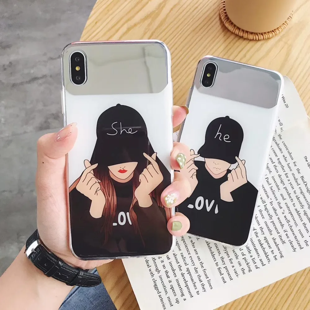 

Fashion Korea Love Couple Case for iPhone X XS Max Xr Electroplate Mirror Hard Capa Fundas for iPhone 8 7 6S Plus Makeup Coque