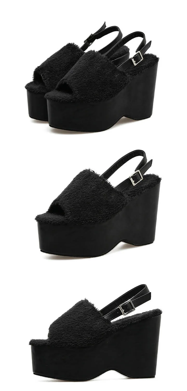 Autumn Women Sandals Peep Toe Buckle Soft Fur Cotton Insole Cozy Fashion Wedge Platform Women's Shoes Black 12cm Super High Heels (4)