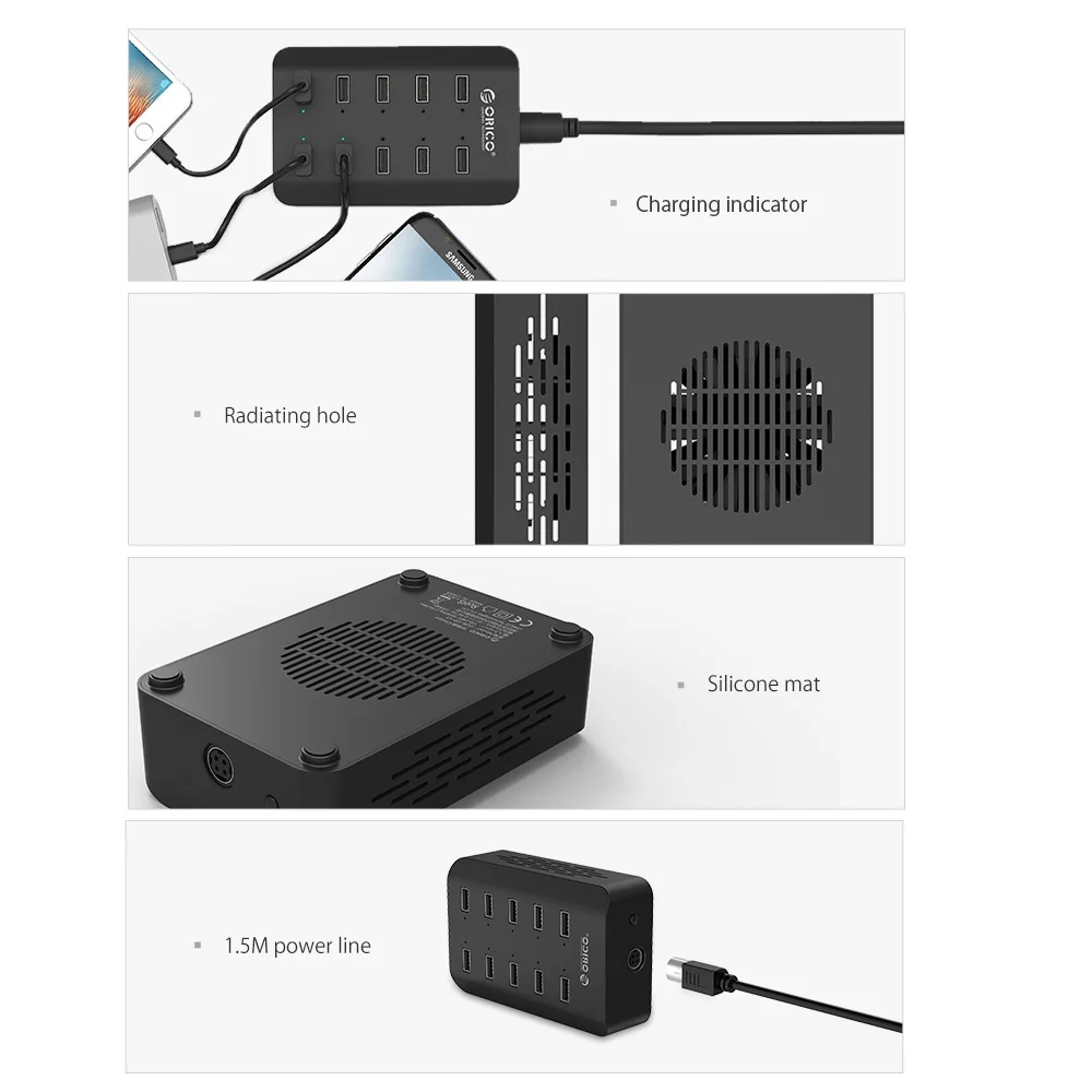 ORICO 10 портов USB умная зарядная станция 5V2. 4A 120 Вт EU US UK адаптер питания для ресторана супермаркета отеля железнодорожная станция