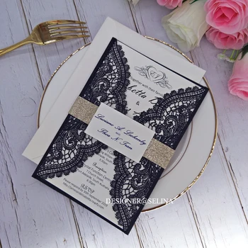 

50pc Black Wedding Invitation, Laser Cut Wedding Cards, DIY Invitations with Glitter Belt and Tag, 20+Color Invitations