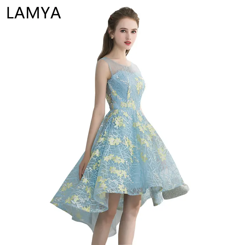 

LAMYA Contrast Color Embroidery Banquet Evening Dress 2019 Short Front Back Long Tail Prom Party Gown Plus Size Elegant Dresses