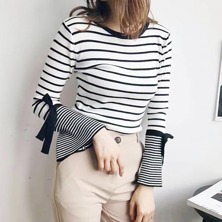 New Korean Women Sweaters Autumn Winter Striped Knitted Pullover  Elatic Sweater Top Long Flare Sleeve Pull Femme Hiver D303