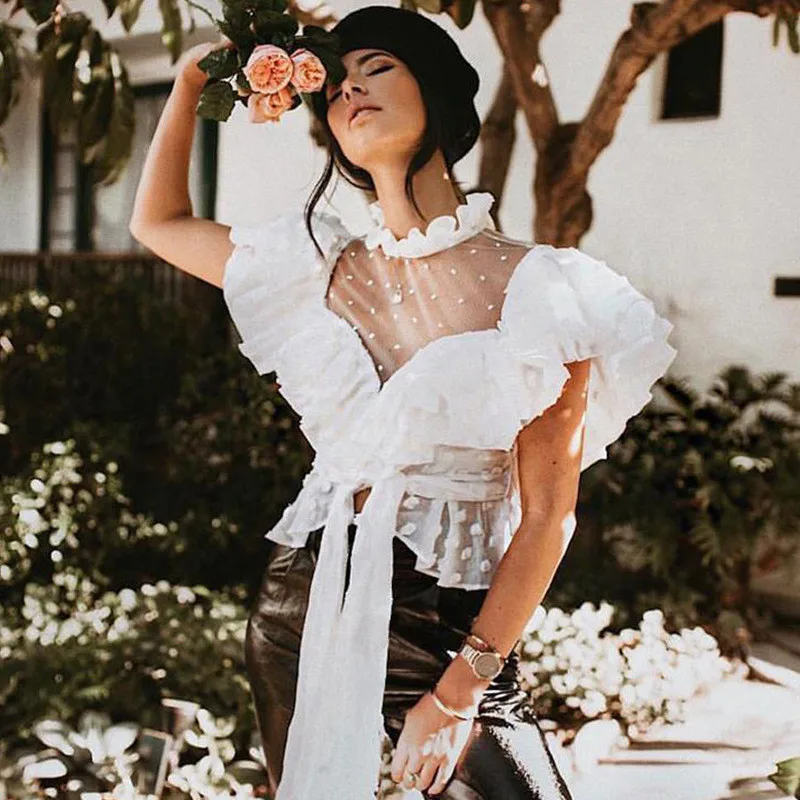 Vintage Ruffle White Women Blouse Shirt Transparent Mesh Summer Chiffon Blouse Ladies Victorian Feminine Blouses Blusas TS31 (3)