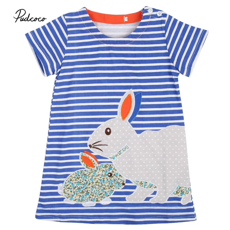 

Pudcoco Hot Cute Baby Kids Girls Summer Dress Rabbit Cartoon Striped Dress Clothes 2-7Y