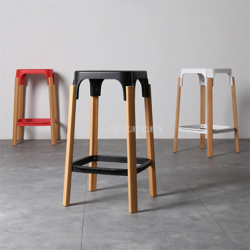 

Nordic Style Modern Design Solid Wood Bar Stool Solid Wooden Leg PP Seat Home Dining Coffee Bar Counter Stool Backless 68cm