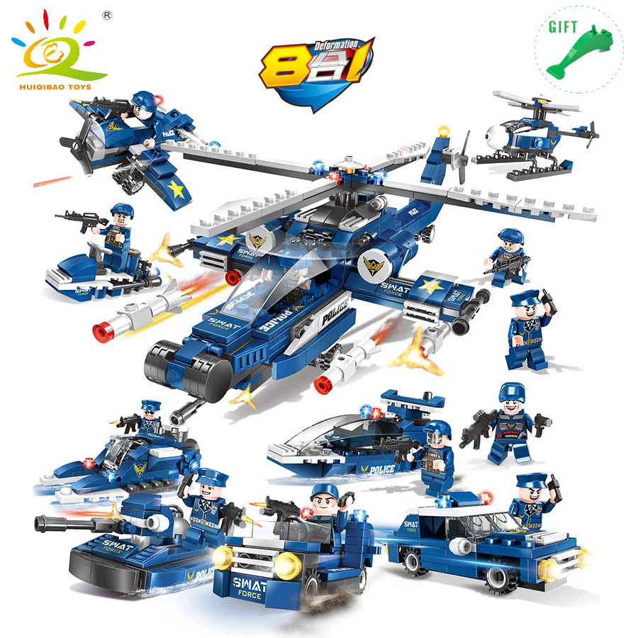 

HUIQIBAO TOYS 8 in 1 Police Swat Figures Building Blocks DIY Helicopter Tank Truck Educational Toys Gifts Compatible Legoed City
