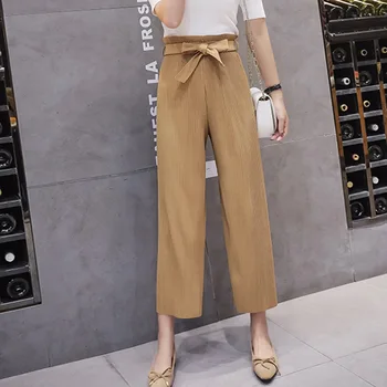 

Fashion Womens Wide Leg Pants Casual Loose Solid Sashes Long Trousers Summer Women High Waist Long Pants Streetwear Korean