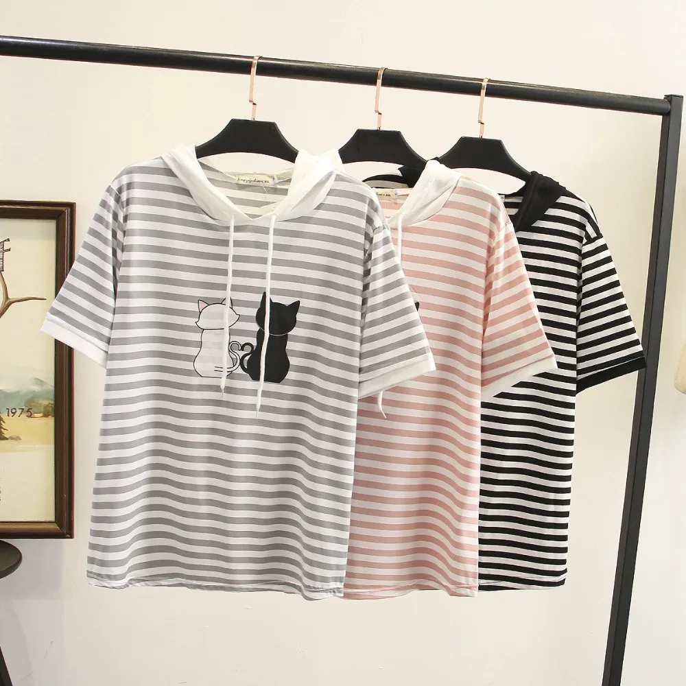 

Ubetoku 2019 Summer women hooded T shirt ladies short sleeve shirt cute cat print stripe tops 4XL plus size women clothing