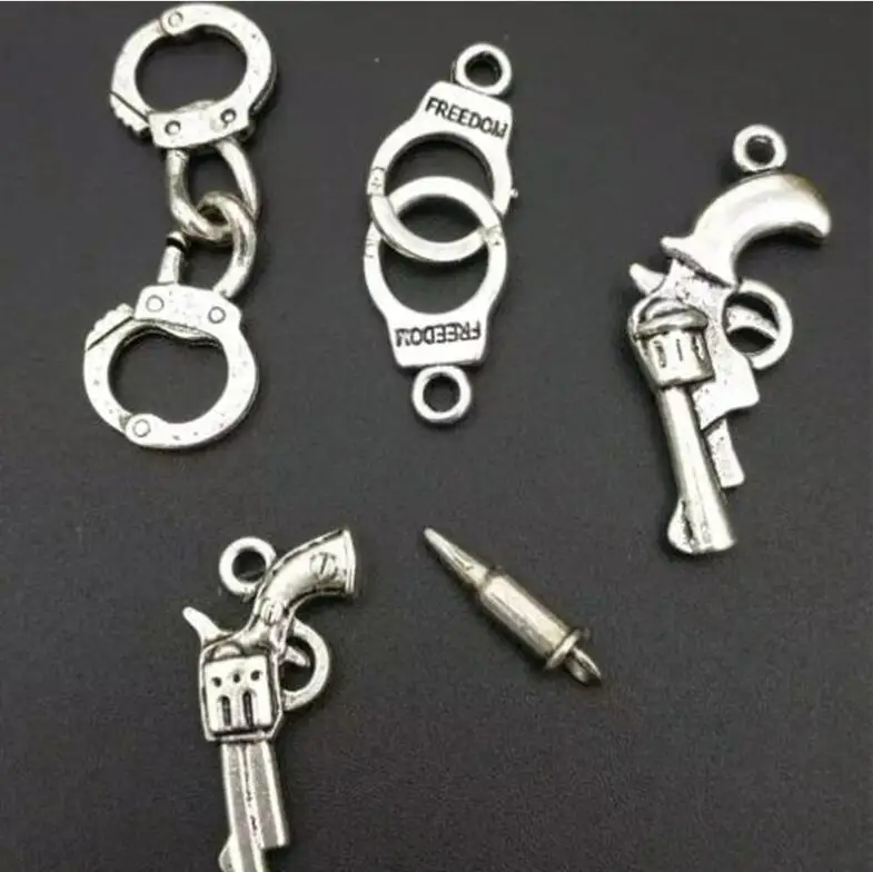 20pcs Zinc Alloy Metal Police Collection Charms Tone Police Handcuffs Gun Bullet Pendants Fit Pet Jewelry making