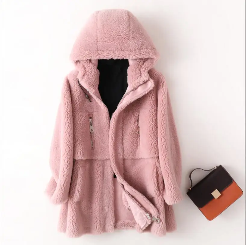 Модные женские пальто, зимнее кашемировое пальто из овечьей кожи, свободное, средней длины, высокое качество, пальто из искусственного меха с капюшоном