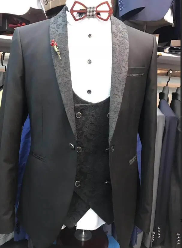 Бренд Черная шаль нагрудные Slim Fit Для мужчин костюмы для свадьбы смокинг для жениха цвета слоновой кости Для мужчин костюмы с брюками 3 шт - Цвет: Черный