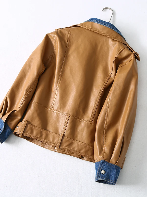 Finest  LMCAVASUN 2019 New Spring Lapel Long Sleeve Black Pu Leather Bandage Denim Stitch Loose Jacket Wome