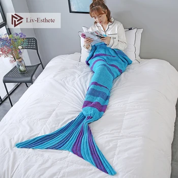 

Liv-Esthete Fashion Blue Throw Mermaid Tail Blanket For Adult Kids Child TV Sofa Bed Knitted Handmade Sleeping Bags Gift Blanket