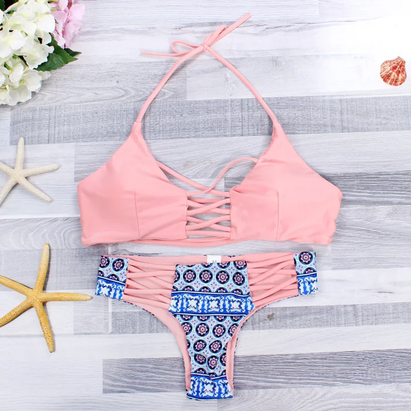 

Ladies Bikini Set Sexy Low Waist Bathing Suit Pink Printed Strappy Padded Bikinis Triangle Cups Swimming Wear Brazilian Bikini