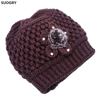 

Brand Beanies Knit Women's Winter Flowers Knitted Hat Hand Crochet Beanies knitted Hat For Women Warm Beanies Female Hat