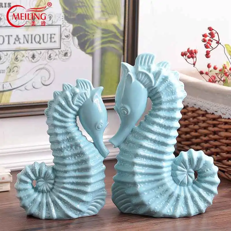 

Chinese Blue Ceramic Hippocampus Design Home Room Decorations Modern Animal Big Handicraft Figurines Gift for Women/ Friends