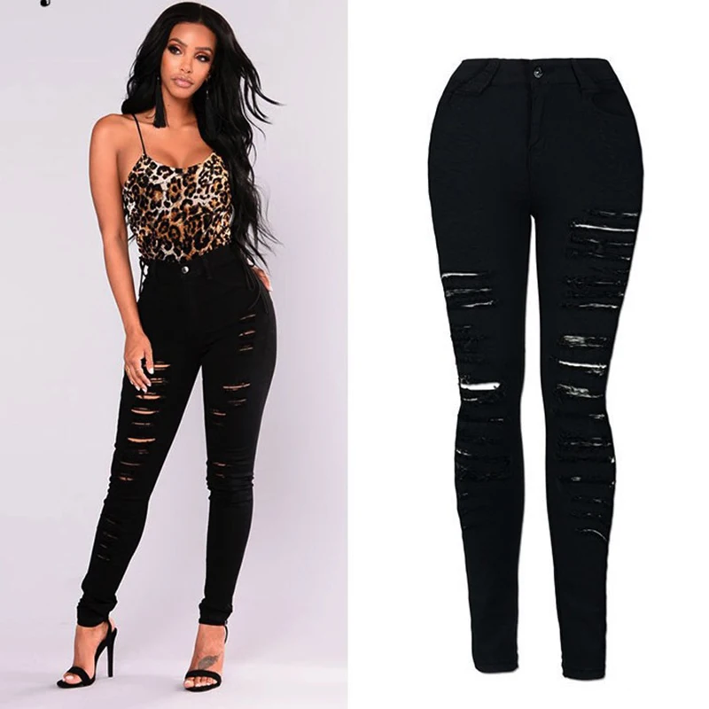 

2019 black ripped jeans for women New Stretchy Ripped Jeans Woman Denim Pants Trousers For Women Pencil Skinny Jeans slim fit