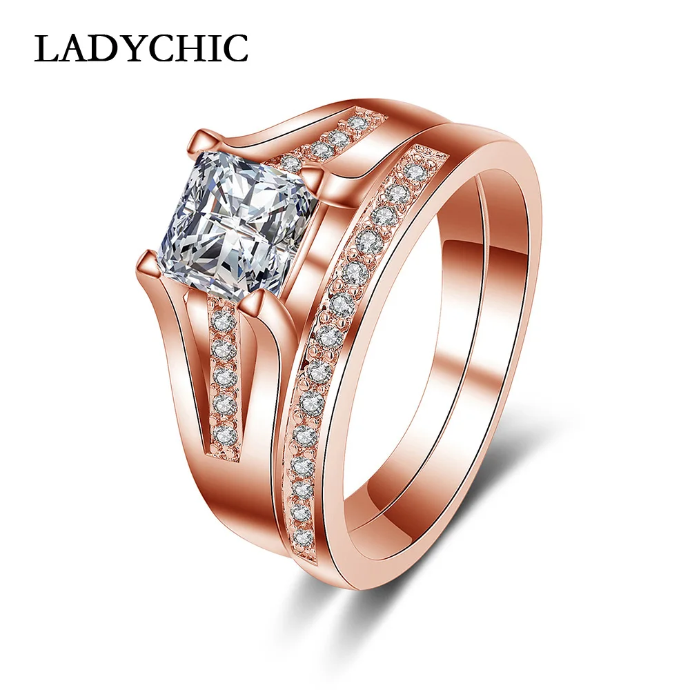 

LADYCHIC розовое/белое золото Цвет двойное кольцо набор блестящие Принцесса вырезать кубического циркония кольца для мужчин и женщин обручальное LR1027