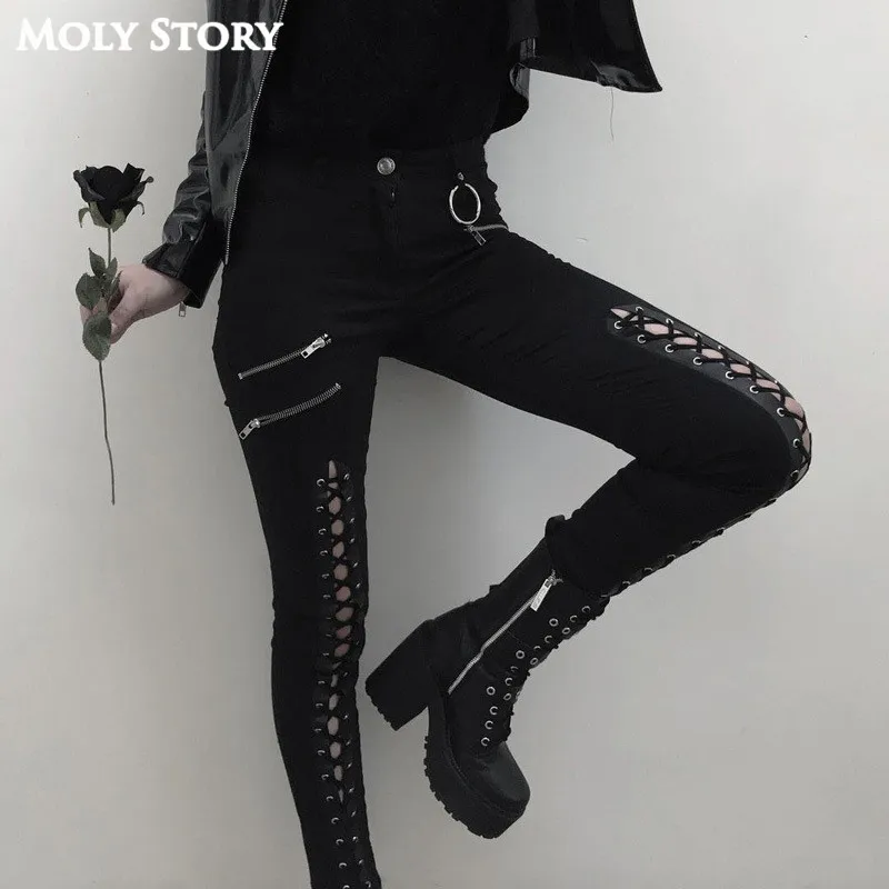 

Sexy Black Lace Up Jeans Women High Waist Ladies Patchwork Leather Zipper Gothic Pants Skinny Slim Punk Pencil Jeans