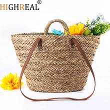 HIGHREAL Women Handbag Summer Beach Tote Bag Handmade Rattan Woven Handbag Vintage Retro Straw Knitted Messenger Bag