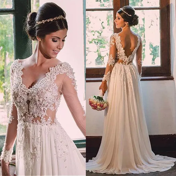 Elegant Tulle & Chiffon V-neck Neckline Sheath Wedding Dresses With Beaded Lace Appliques see-through bodice Bridal Gowns