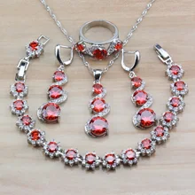 Потрясающая AAA+ качественная подвеска с красным родонитом женский костюм 925 Серебряный Дубай Свадебные комплекты ювелирных изделий длинные серьги/ожерелье/браслет/кольцо