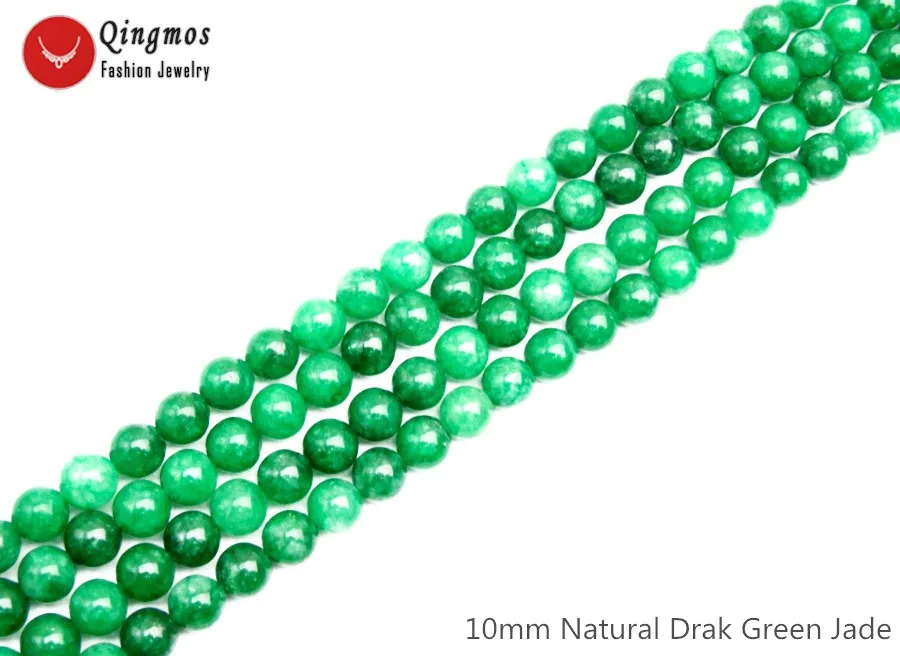 

Qingmos Natural 10mm Round Drak Green Jades Stone Loose Beads for Jewelry Beadwork Necklace Bracelet Earring DIY 15" Strand l811