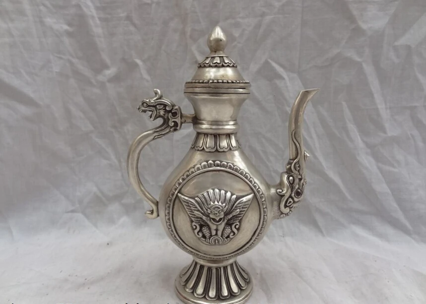 

S2989 8" Chinese Silver Dragon Unicorn Head Statue Redpoll Buddha Wine Pot Teapot D0317