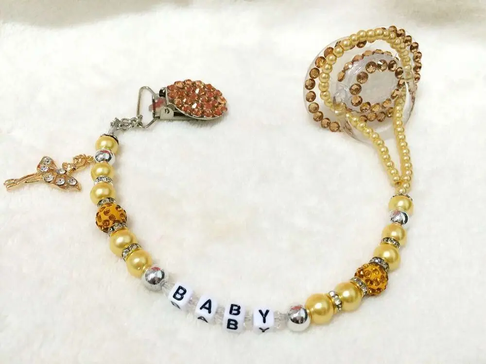 Индивидуальный-любое имя Bling Золотой роскошные стразы кольцо для соски клип соску держатель - Цвет: 6M to 18M with clip