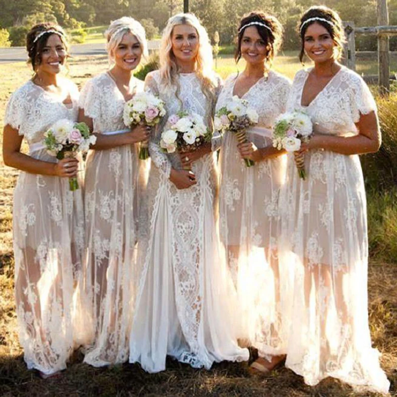 Aliexpress com Buy Lace Bridesmaid  Dress  Long Beige Lace 