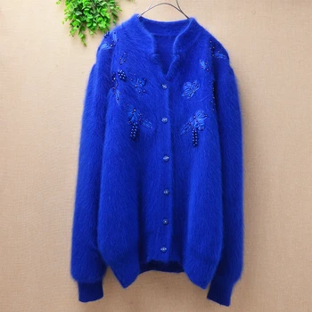 

Ladies women top loose plush vintage beading real angora rabbit fur knitted woolen long sleeves cardigan sweater coat winter