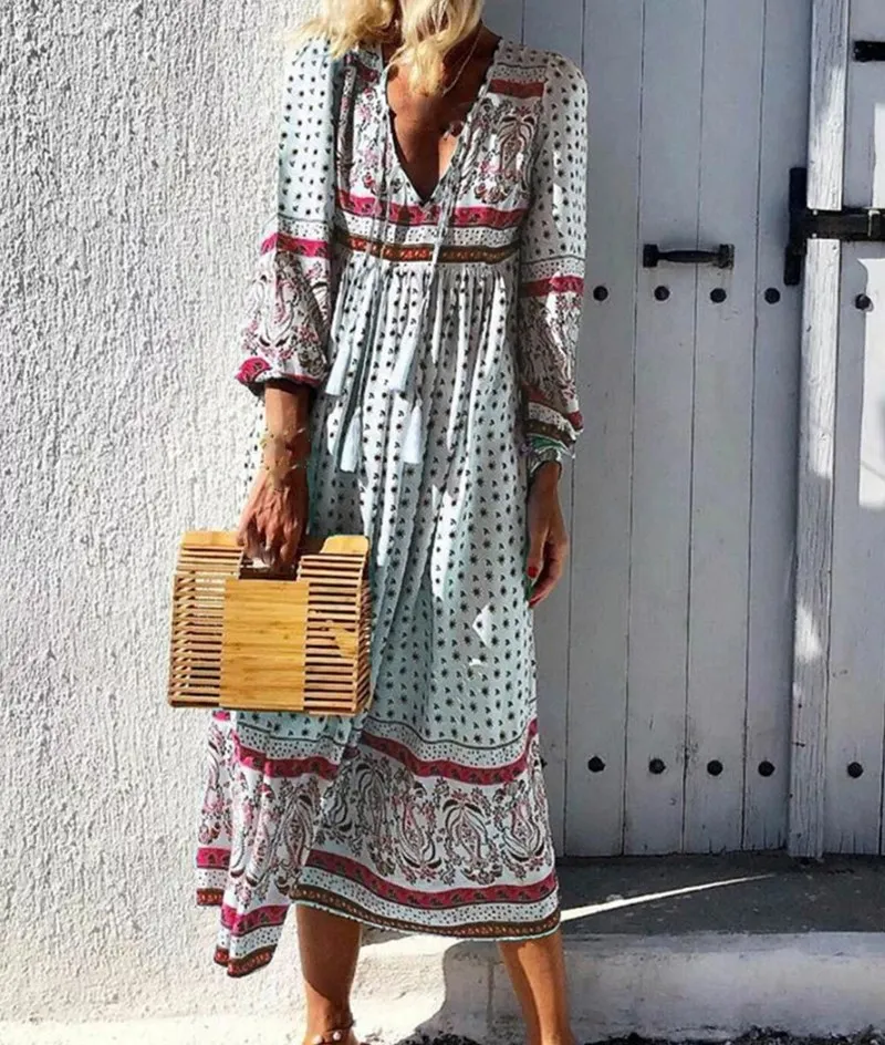 

Summer Sexy V Neck Long Sleeve Print Dress Women Plus Size Maxi Dress Casual Pleated Boho Beach Dress